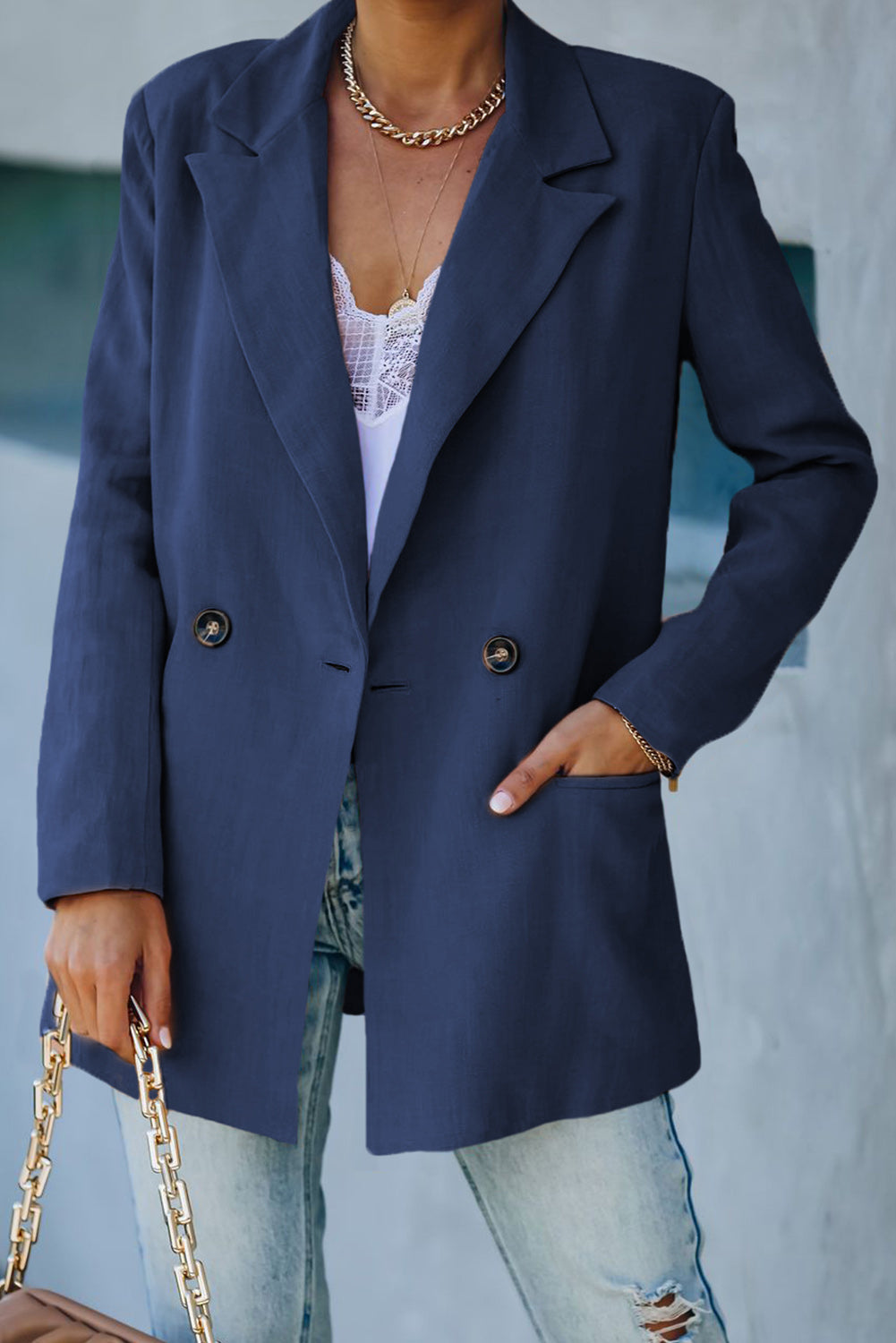 Double-Breasted Padded Shoulder Blazer with Pockets - Body By J'ne
