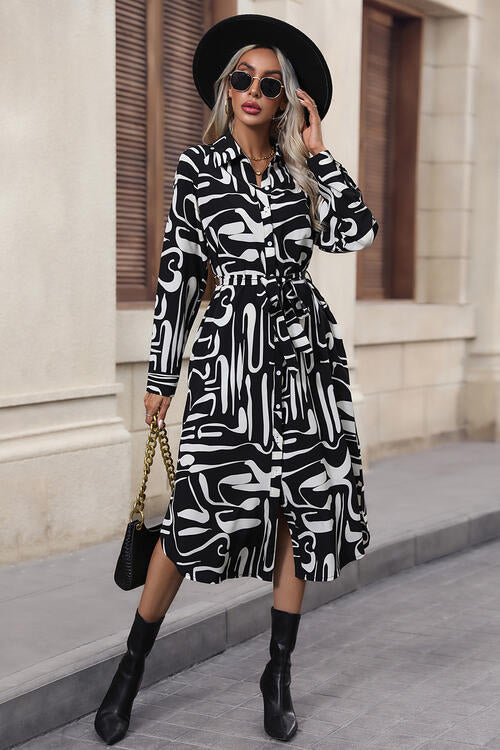 Printed Tie Front Collared Neck Slit Shirt Dress - Body By J'ne