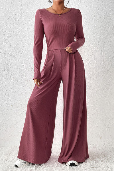 Ribbed Round Neck Top and Wide-Leg Pants Set - Body By J'ne