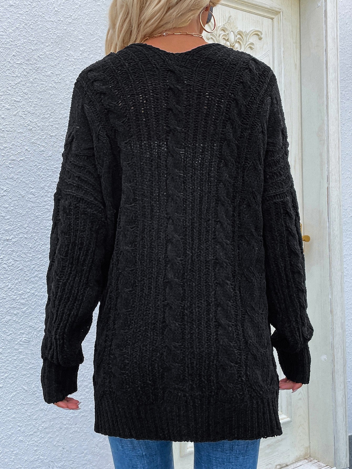 Woven Right Cable-Knit Open Front Cardigan with Front Pockets - Body By J'ne