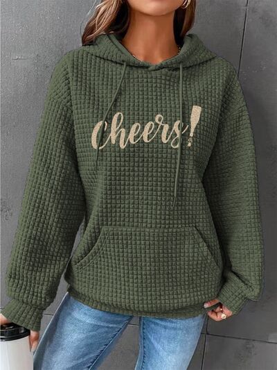 Full Size CHEERS Waffle-Knit Drawstring Hoodie - Body By J'ne