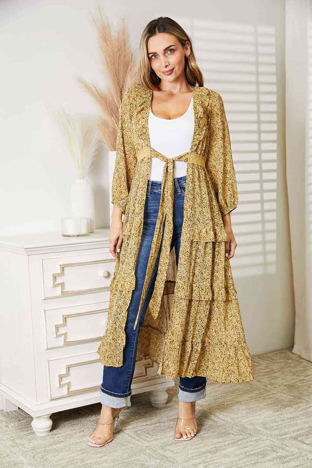 Full Size Tie Front Ruffled Duster Cardigan - Body By J'ne