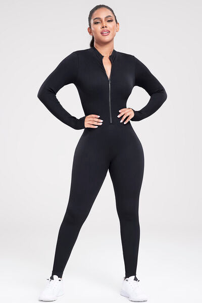 Zip Up Ribbed Long Sleeve Skinny Active Jumpsuit - Body By J'ne