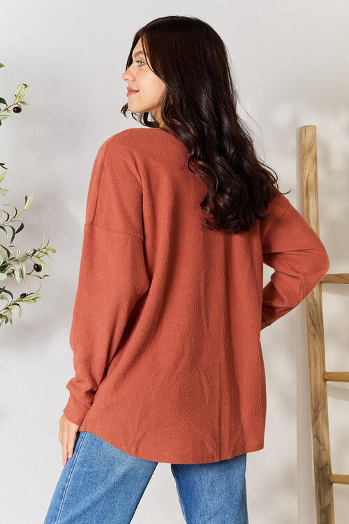 Drop Shoulder Long Sleeve Blouse with Pockets - Body By J'ne