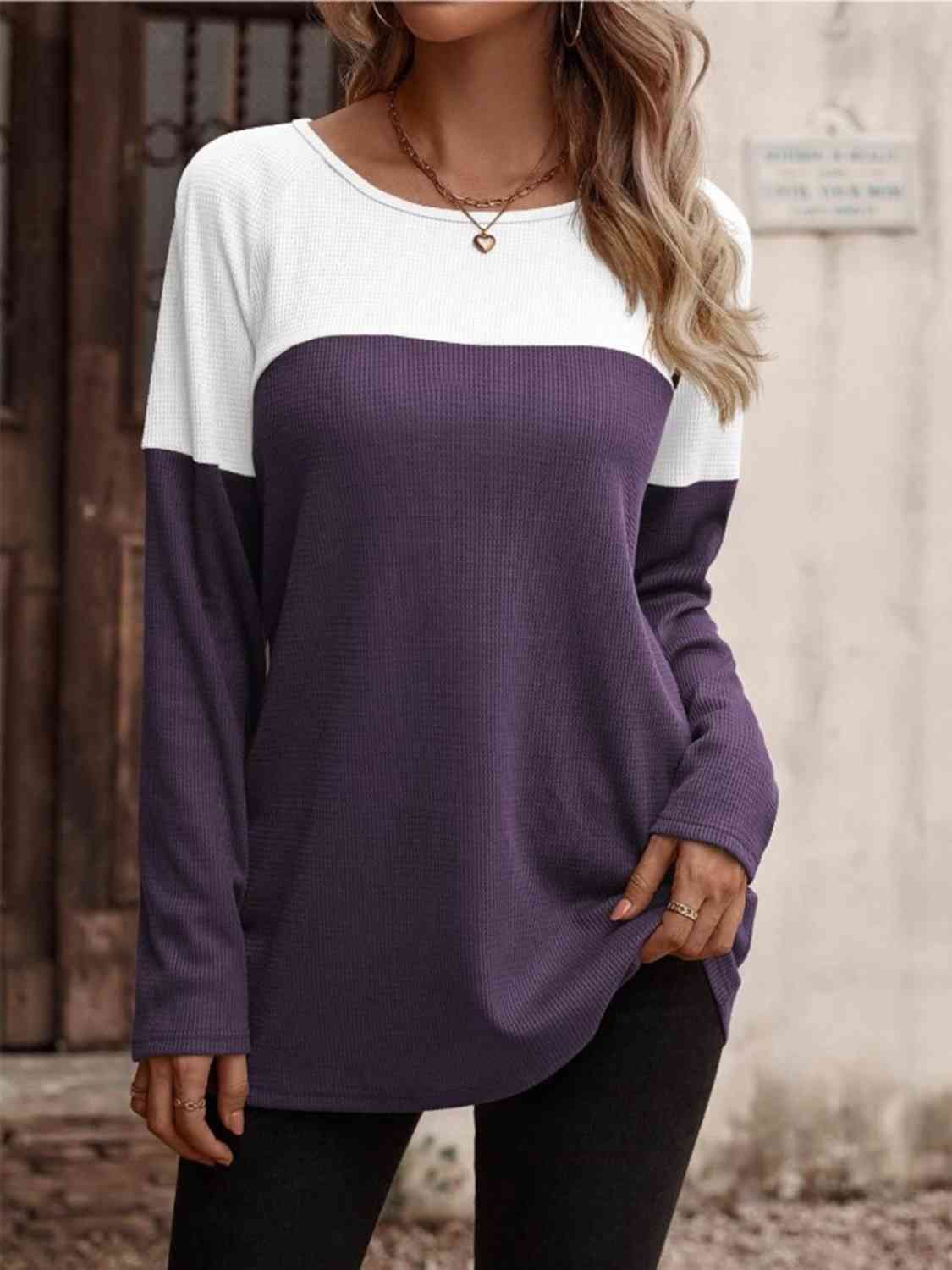 Contrast Round Neck Long Sleeve T-Shirt - Body By J'ne