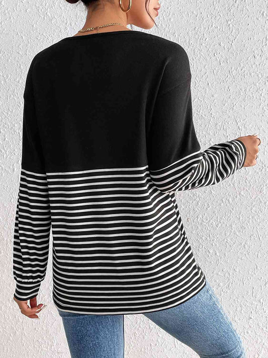 Striped Crisscross V-Neck Long Sleeve T-Shirt - Body By J'ne