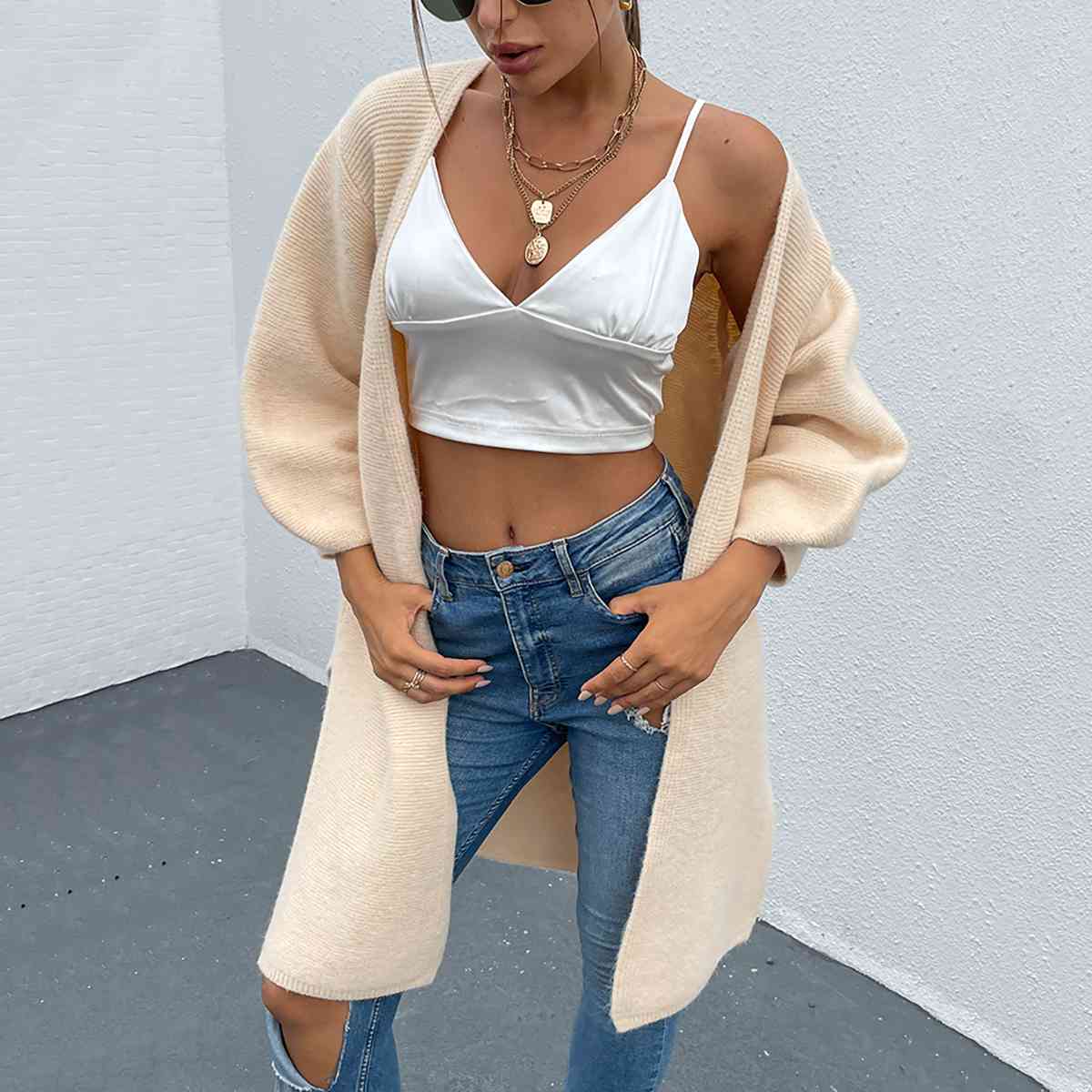 Open Front Slit Long Sleeve Cardigan - Body By J'ne
