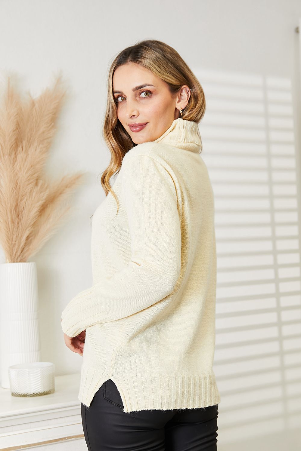 Full Size Long Sleeve Turtleneck Sweater with Side Slit - Body By J'ne
