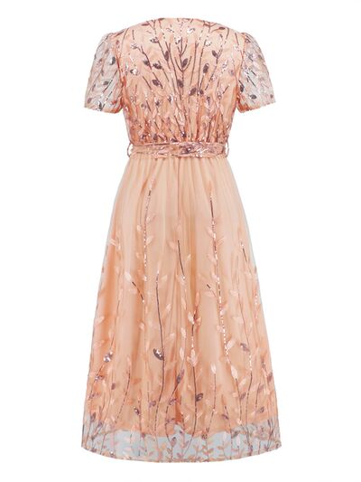 Sequin Leaf Embroidery Tie Front Short Sleeve Dress - Body By J'ne