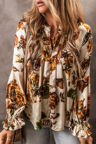 Printed Notched Long Sleeve Blouse - Body By J'ne