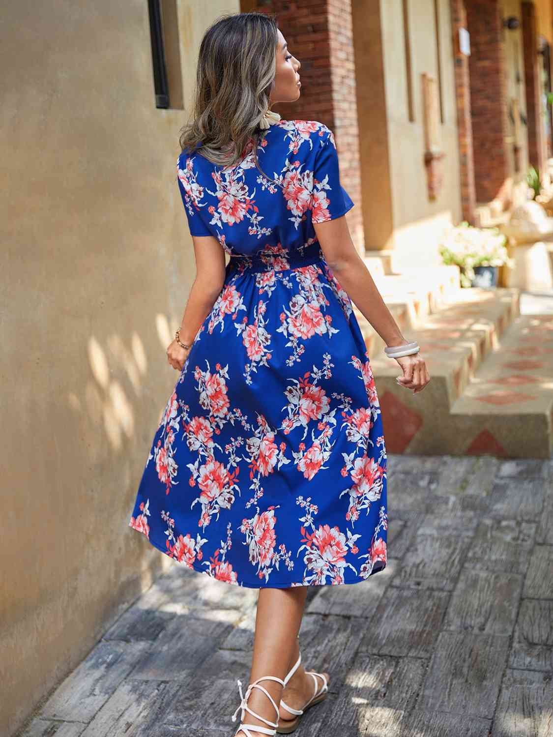 Elastic Waist V Neck Floral Print Midi Dress - Body By J'ne
