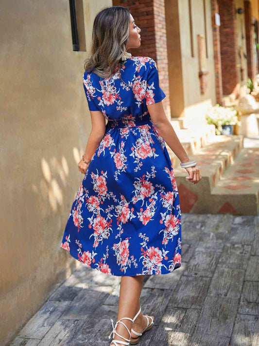 Elastic Waist V Neck Floral Print Midi Dress - Body By J'ne