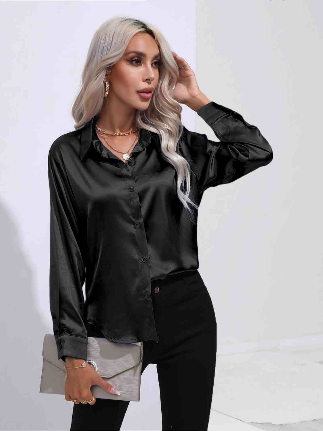 Collared Neck Buttoned Long Sleeve Shirt - Body By J'ne