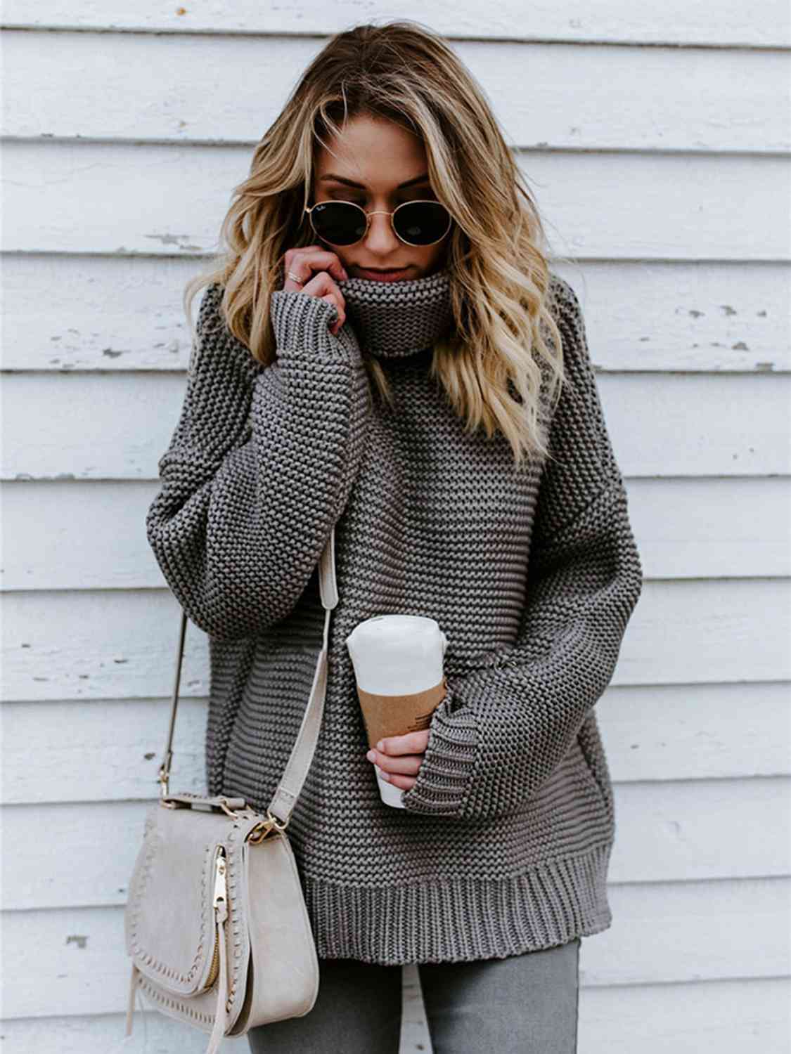 Turtleneck Dropped Shoulder Slit Sweater - Body By J'ne