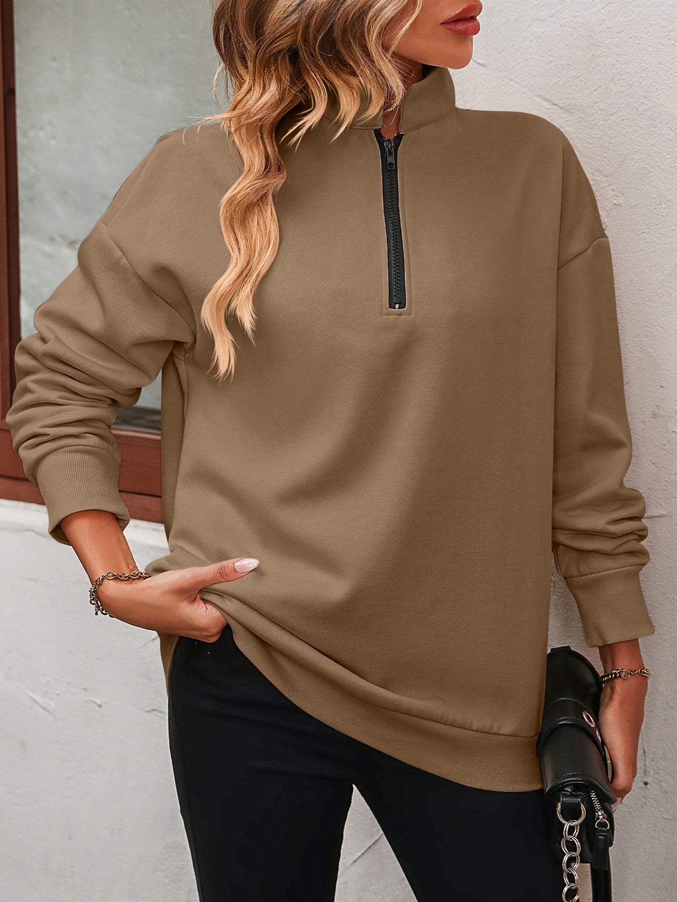 Zip-Up Dropped Shoulder Sweatshirt - Body By J'ne