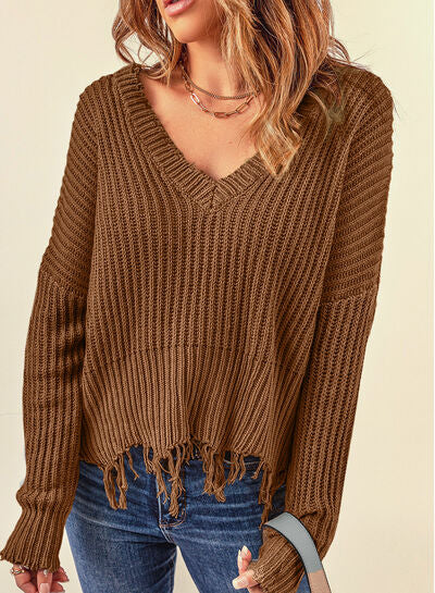 Fringe V-Neck Dropped Shoulder Sweater - Body By J'ne