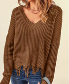 Fringe V-Neck Dropped Shoulder Sweater - Body By J'ne