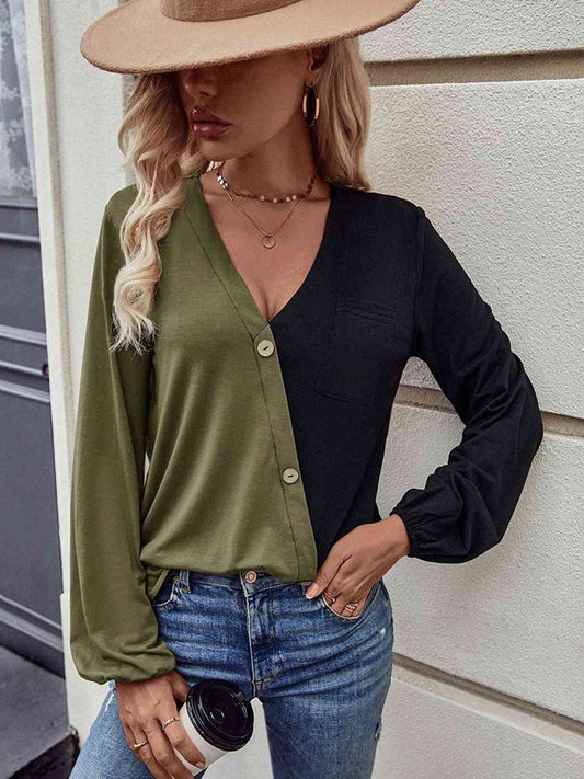 Two Tone V Neck Balloon Sleeve Top - Body By J'ne