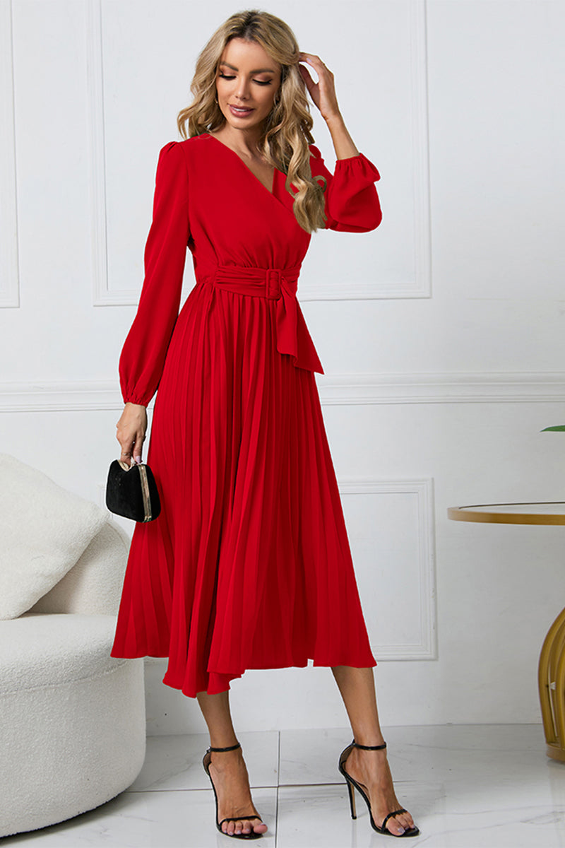 V-Neck Long Sleeve Tie Waist Midi Dress - Body By J'ne