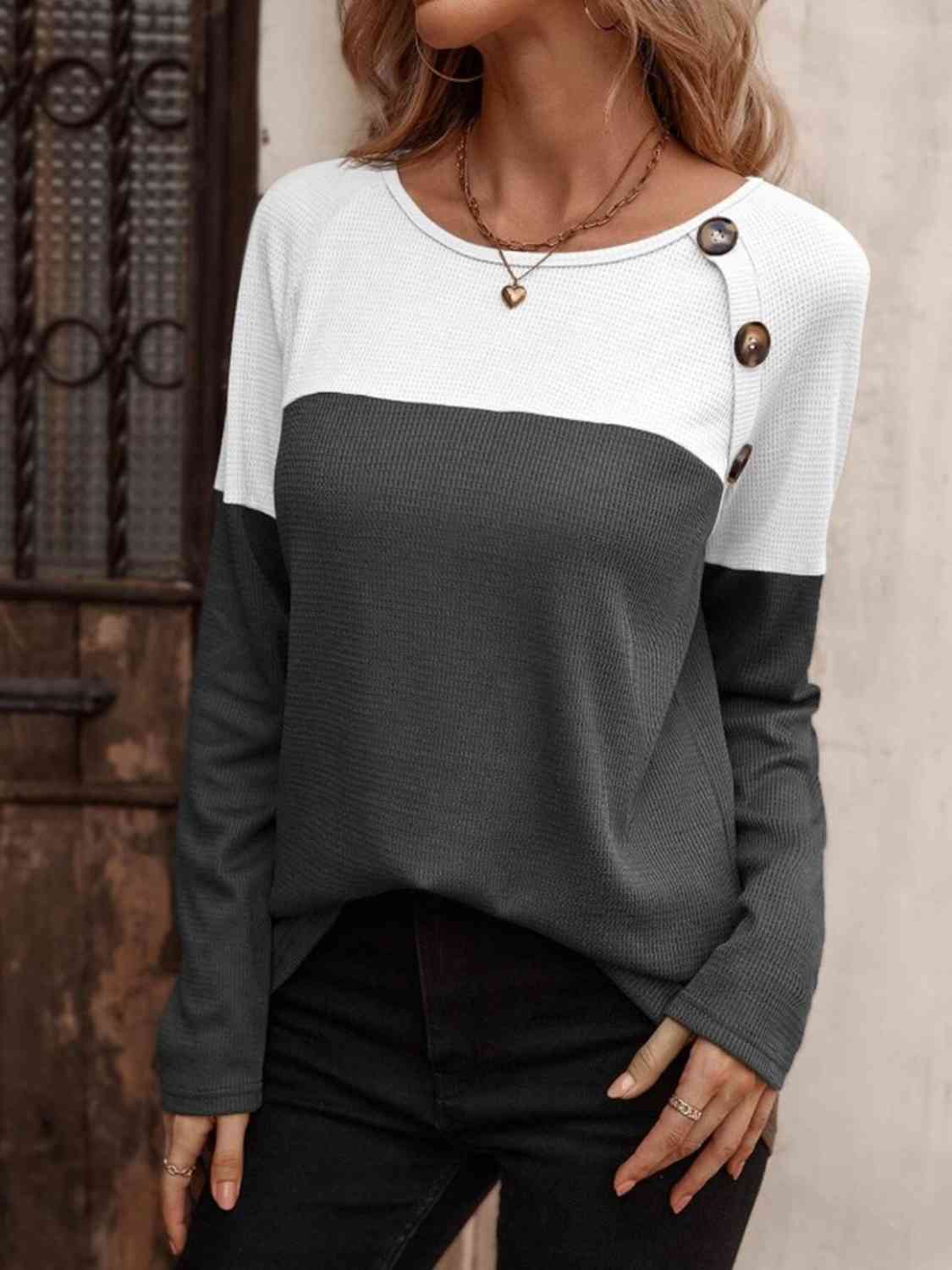 Contrast Round Neck Long Sleeve T-Shirt - Body By J'ne