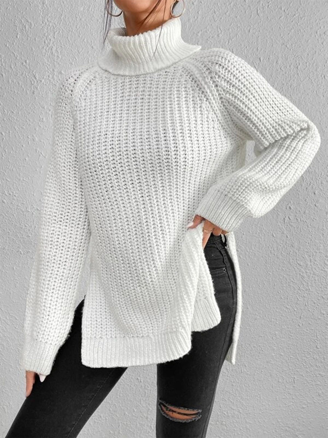 Full Size Turtleneck Rib-Knit Slit Sweater - Body By J'ne