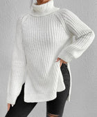 Full Size Turtleneck Rib-Knit Slit Sweater - Body By J'ne