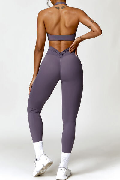Ruched Halter Neck Bra and Pocketed Leggings Active Set - Body By J'ne