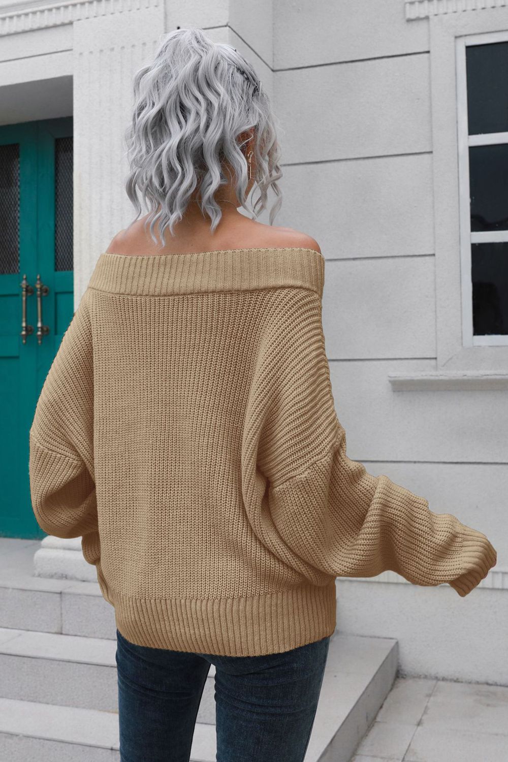 Off-Shoulder Ribbed Long Sleeve Pullover Sweater - Body By J'ne