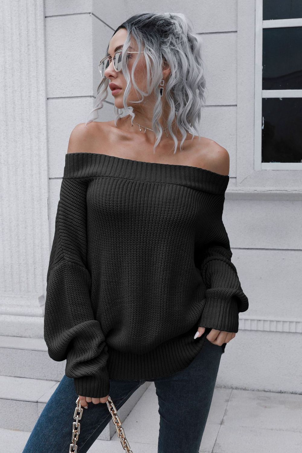 Off-Shoulder Ribbed Long Sleeve Pullover Sweater - Body By J'ne