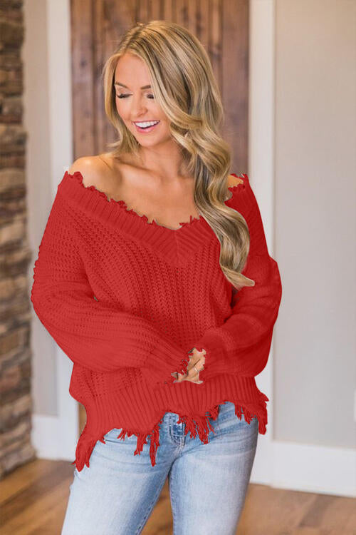 Frayed Hem Dropped Shoulder Sweater - Body By J'ne