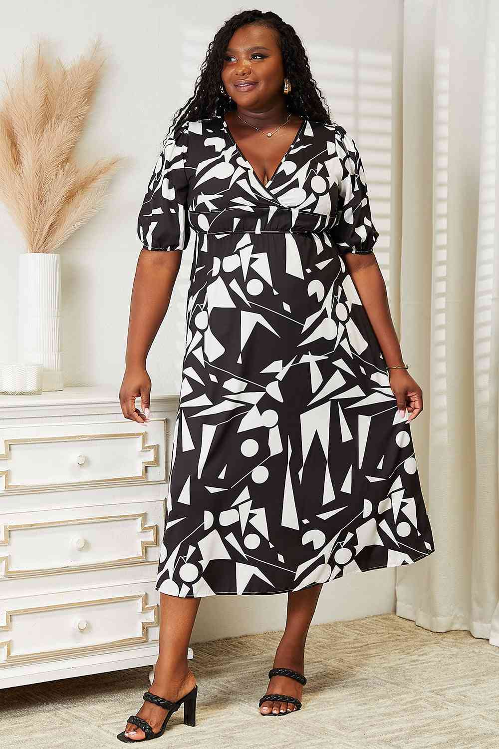 Printed Surplice Balloon Sleeve Dress - Body By J'ne