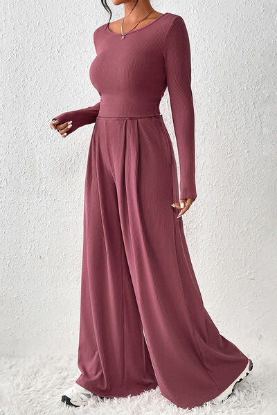 Ribbed Round Neck Top and Wide-Leg Pants Set - Body By J'ne