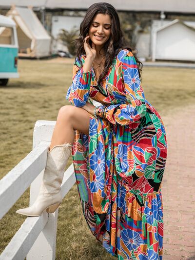 Printed Smocked Tie Neck Balloon Sleeve Maxi Dress - Body By J'ne