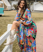 Printed Smocked Tie Neck Balloon Sleeve Maxi Dress - Body By J'ne