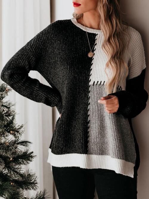 Color Block Round Neck Long Sleeve Sweater - Body By J'ne