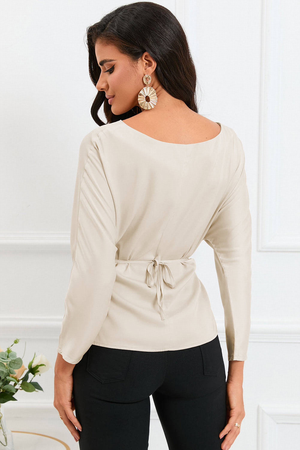 Boat Neck Back Tie Long Sleeve Satin Blouse - Body By J'ne