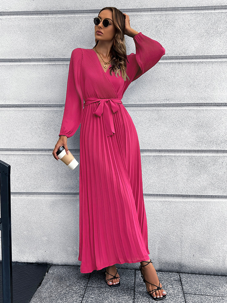 V-Neck Tie Waist Pleated Maxi Dress - Body By J'ne