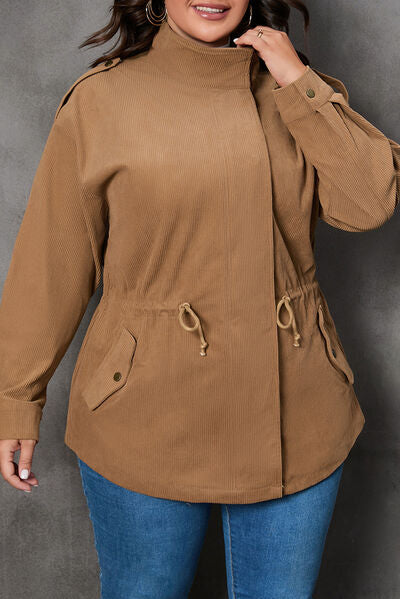 Plus Size Zipper and Snap Down Drawstring Jacket - Body By J'ne