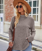 Ribbed Turtleneck Long Sleeve Slit Knit Top - Body By J'ne