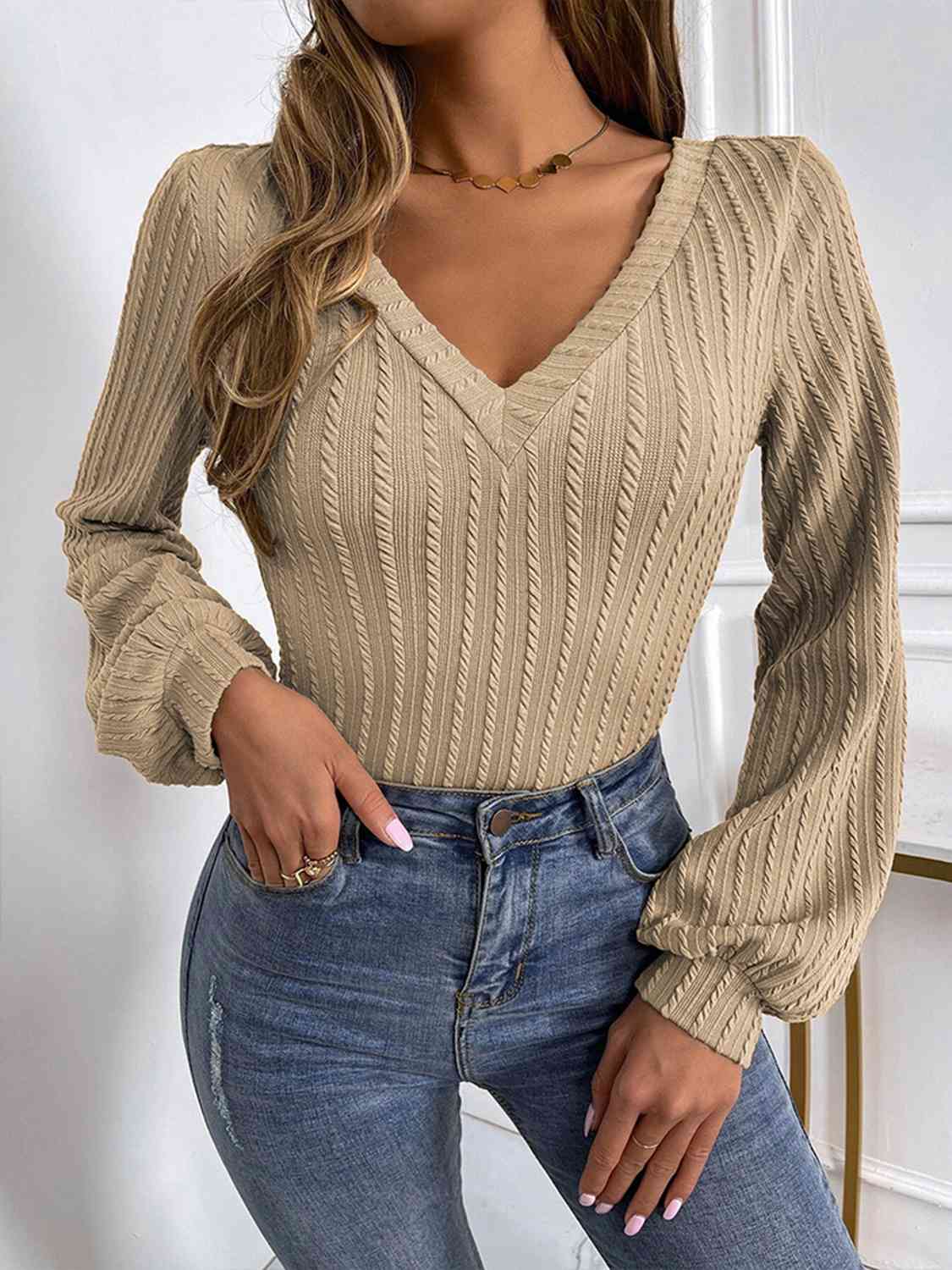 Elise Ribbed V-Neck Lantern Sleeve Top - Body By J'ne