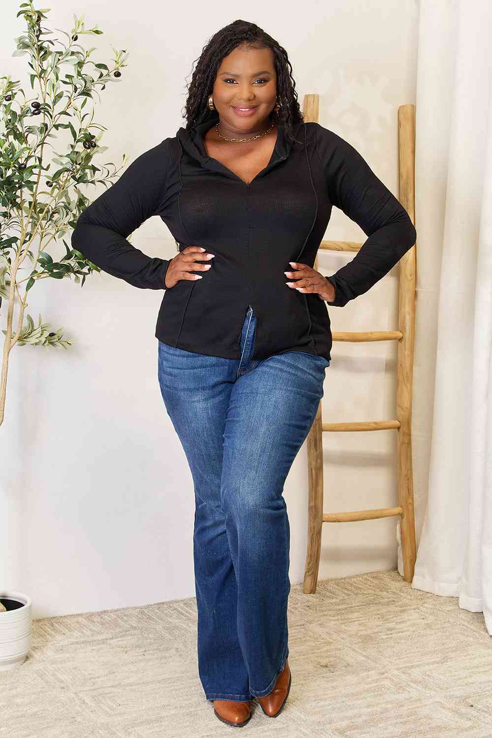 Full Size Exposed Seam Long Sleeve Hoodie - Body By J'ne