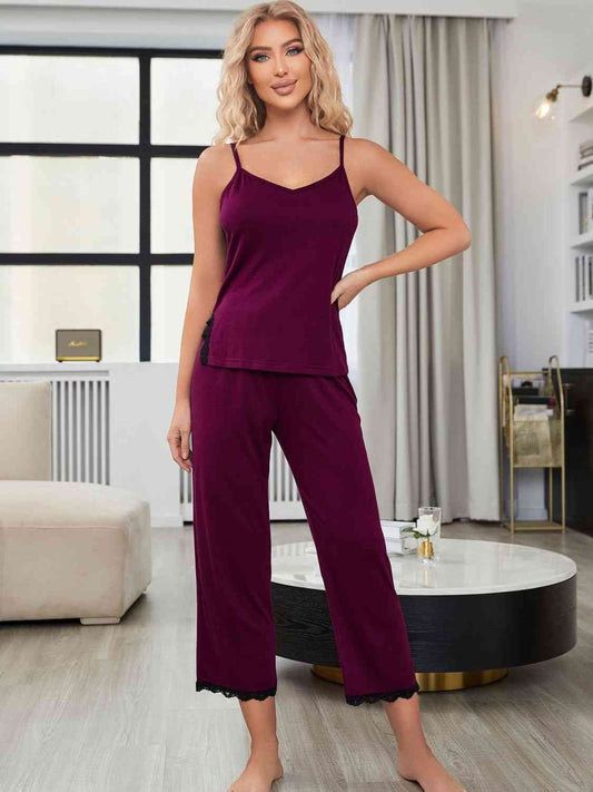 V-Neck Lace Trim Slit Cami and Pants Pajama Set - Body By J'ne