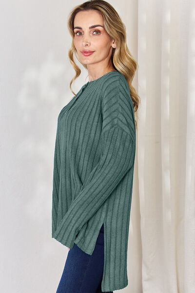 Full Size Ribbed Half Button Long Sleeve High-Low T-Shirt - Body By J'ne
