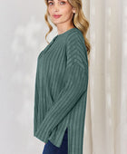 Full Size Ribbed Half Button Long Sleeve High-Low T-Shirt - Body By J'ne