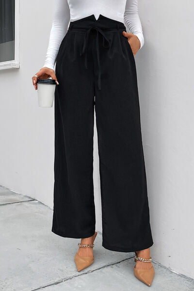 High Waist Ruched Tie Front Wide Leg Pants - Body By J'ne