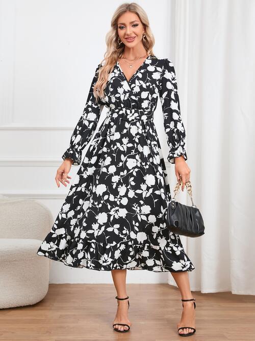 Floral Surplice Flounce Sleeve Ruffle Hem Dress - Body By J'ne