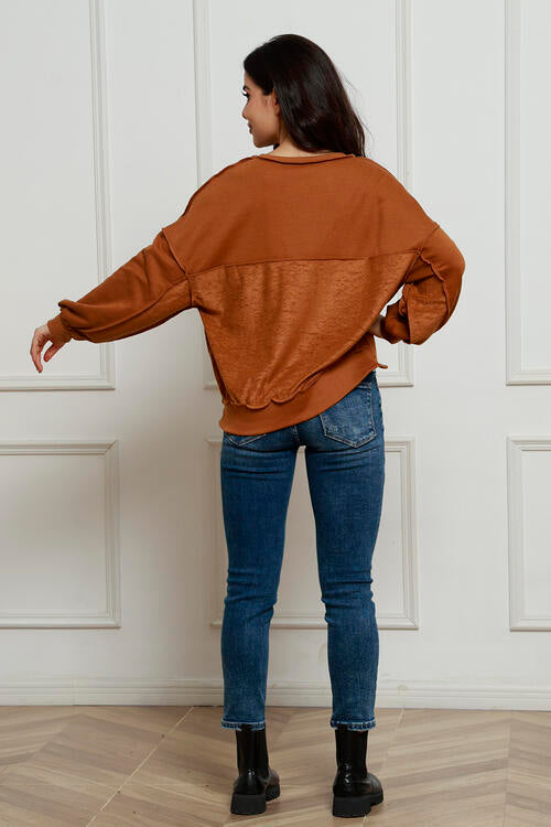 Exposed Seam Half Button Long Sleeve Sweatshirt - Body By J'ne