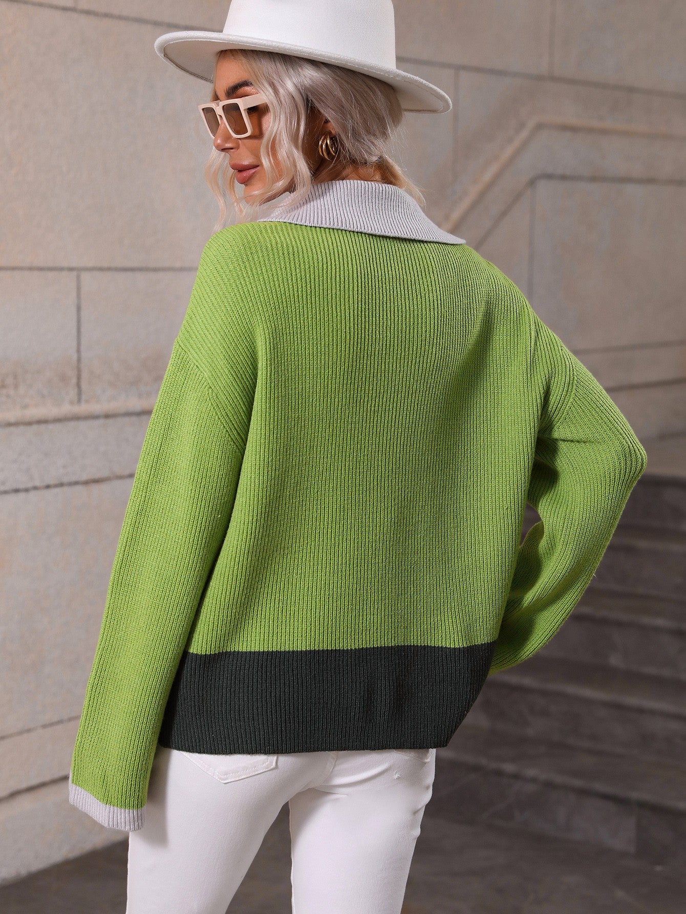 Color Block Half-Zip Dropped Shoulder Knit Pullover - Body By J'ne