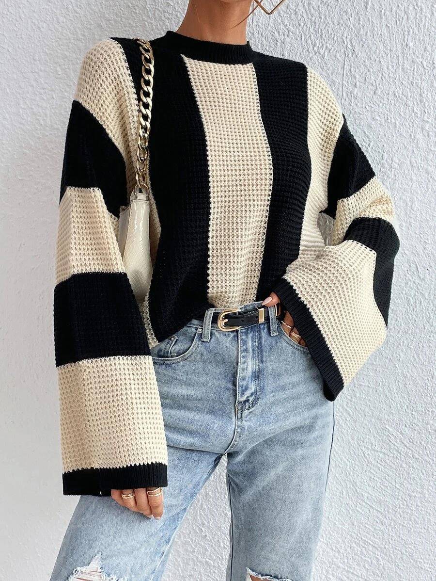 Crew Neck Waffle Drop Shoulder Knit Sweater - Body By J'ne