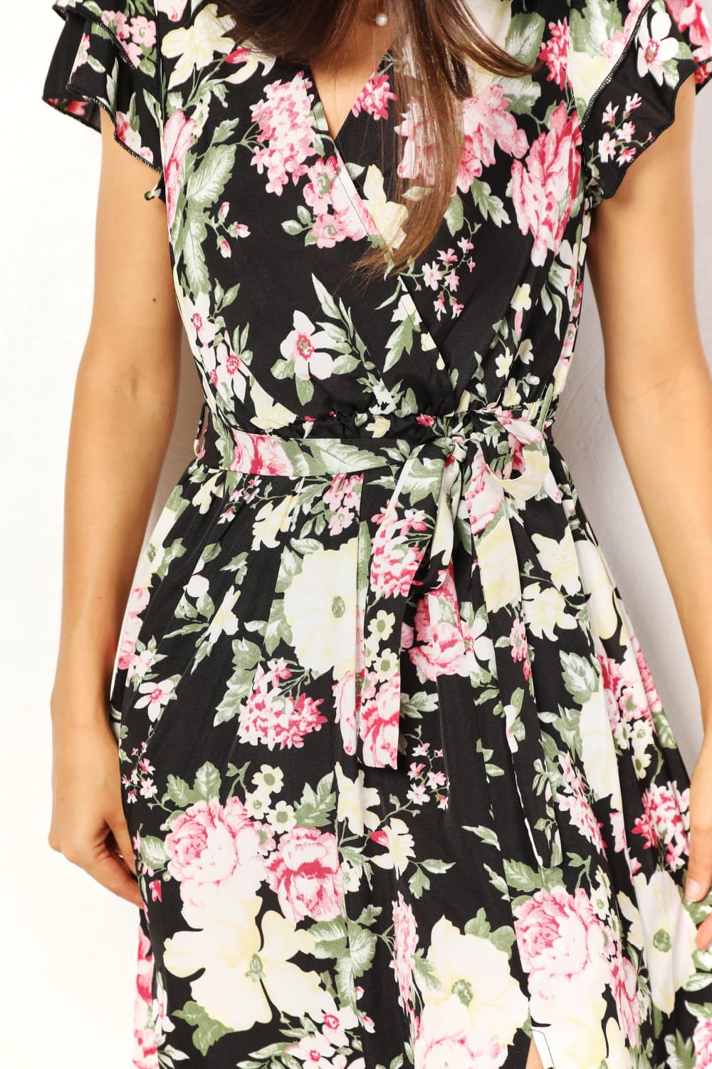 Double Take Floral Flutter Sleeve Tie-Waist Split Dress - Body By J'ne